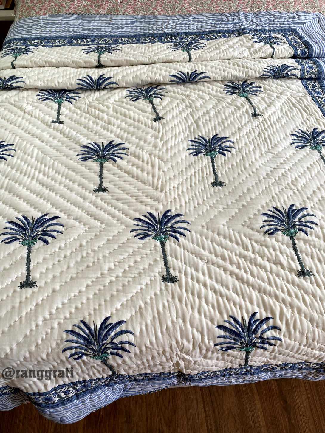 Denim Blue Tree Jaipuri Razai / Quilt Cotton For Single Bed Hand Block