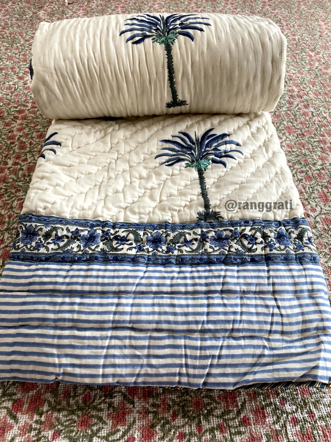 Denim Blue Tree Jaipuri Razai / Quilt Cotton For Single Bed 