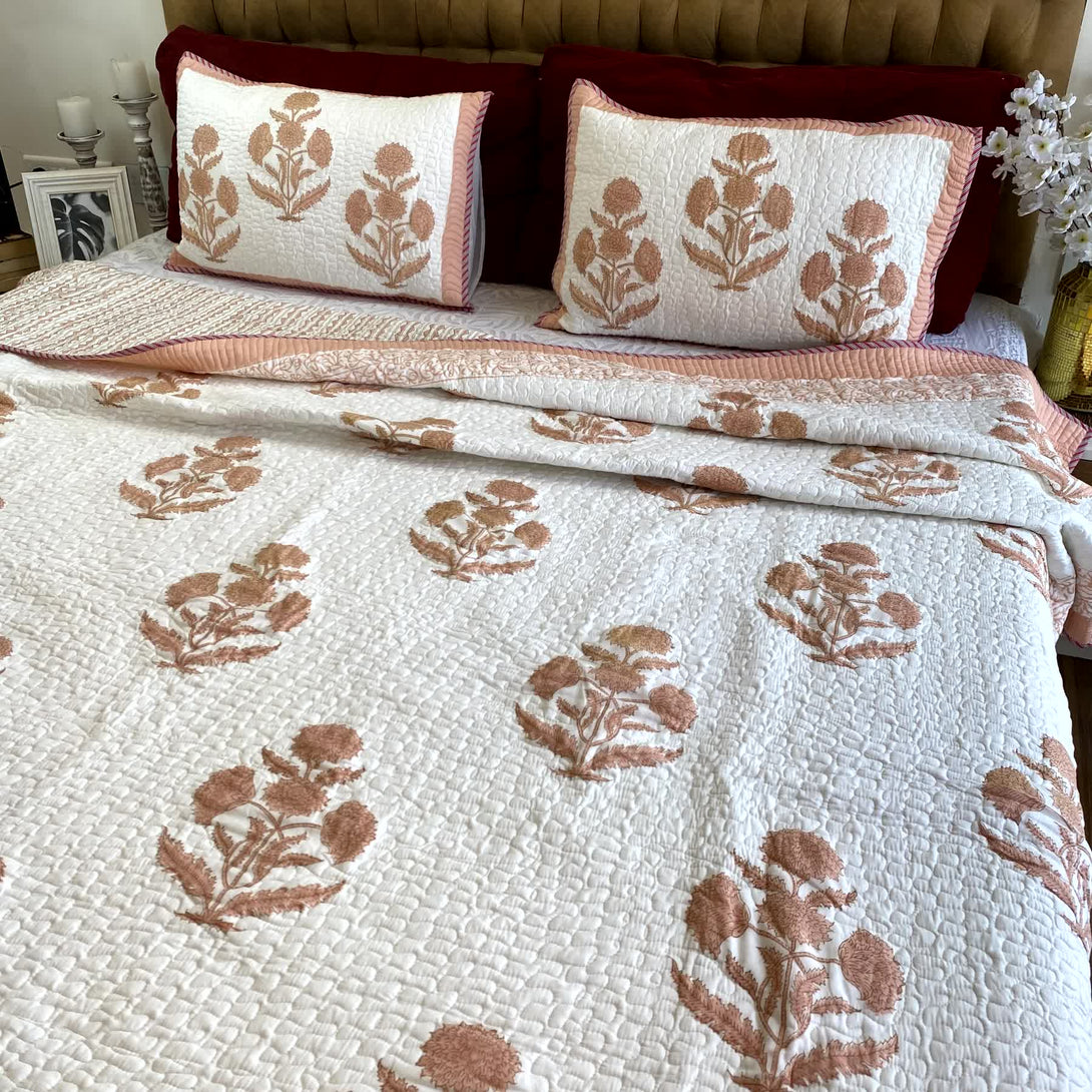 Earthy Brown Quilted Bed cover Mulmul Voile Reversible King Size - Bedcover