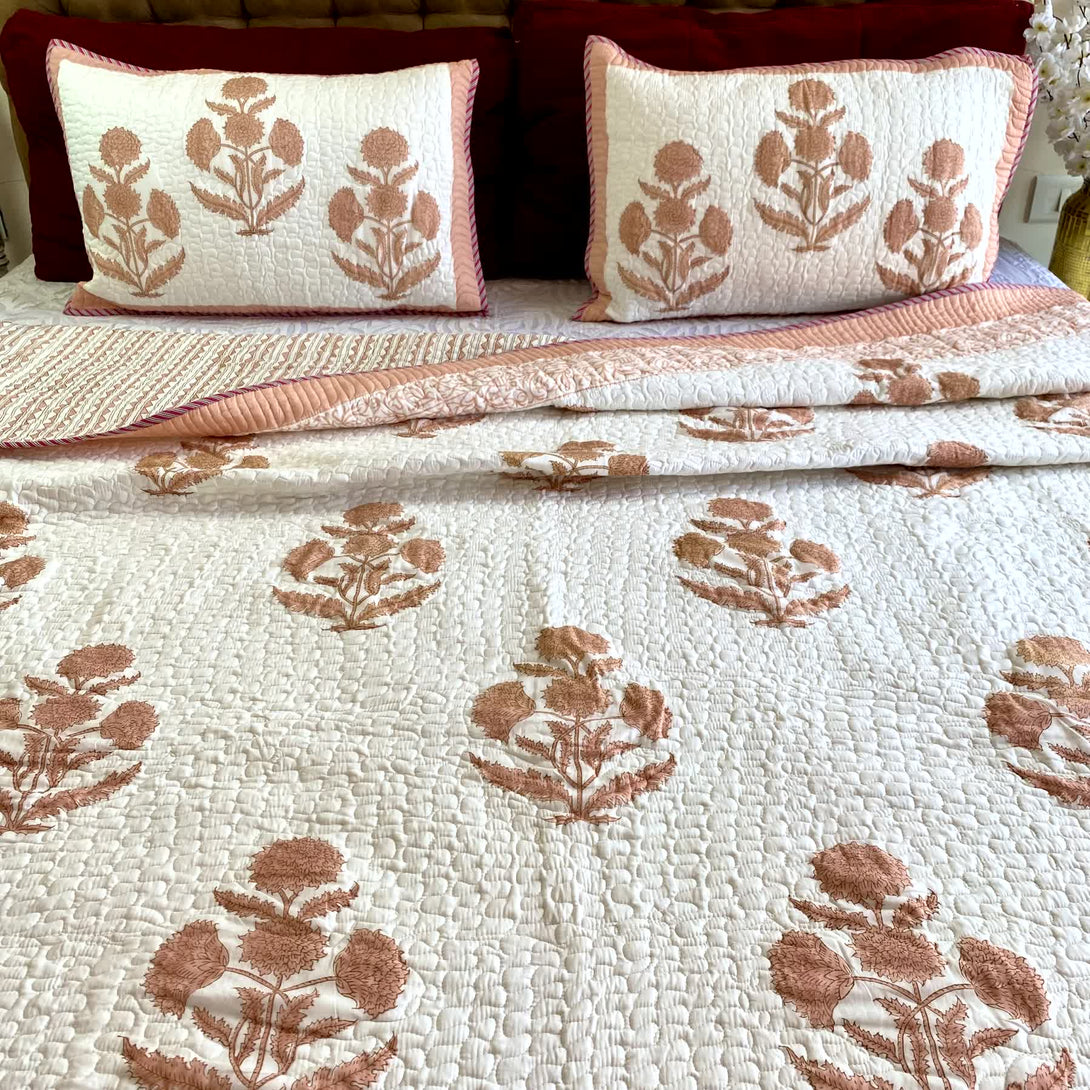 Earthy Brown Quilted Bed cover Mulmul Voile Reversible King Size - Bedcover