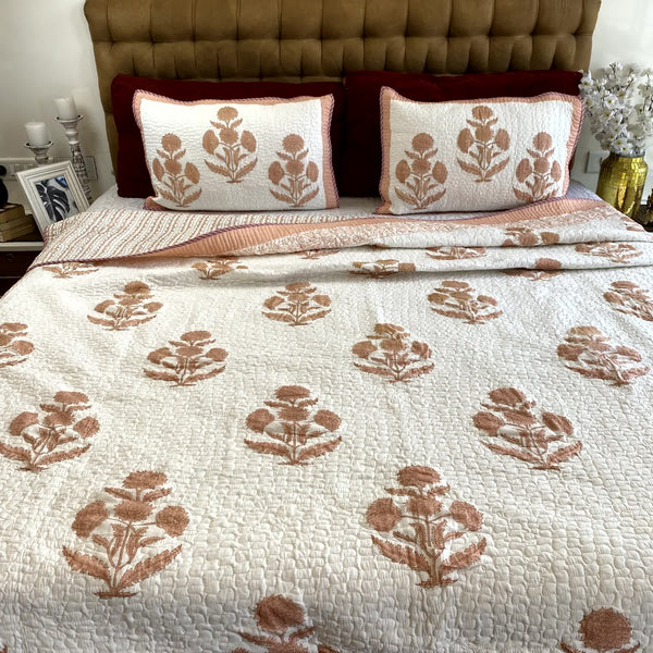 Earthy Brown Quilted Bed cover Mulmul Voile Reversible King Size - Bedcover