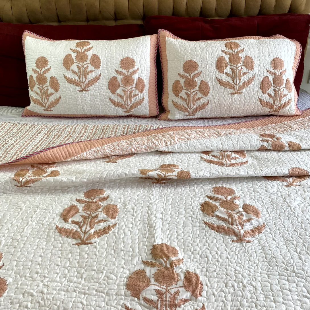 Earthy Brown Quilted Bed cover Mulmul Voile Reversible King Size - Bedcover