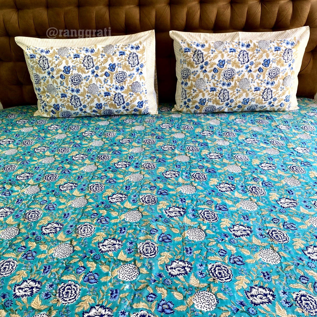 Ferozi Blue White Floral Super King Size 250 TC Bedsheet Cotton Hand Block - Bedsheet