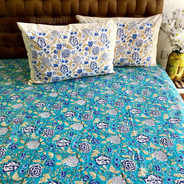 Ferozi Blue White Floral Super King Size 250 TC Bedsheet Cotton Hand Block - Bedsheet