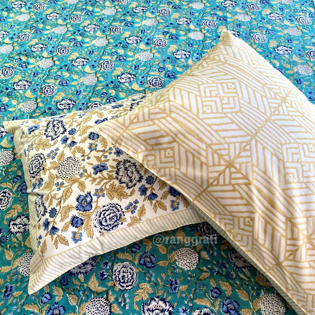 Ferozi Blue White Floral Super King Size 250 TC Bedsheet Cotton Hand Block - Bedsheet