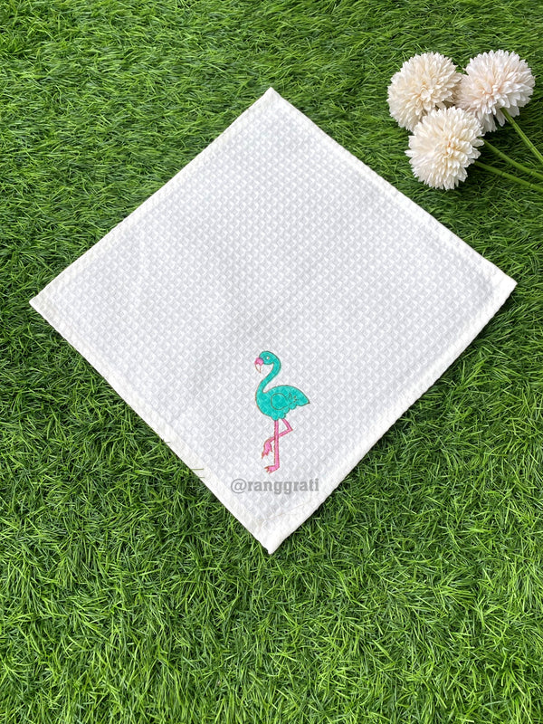 Flamingo Hand Block Printed Face Towel In Pure Cotton Waffle