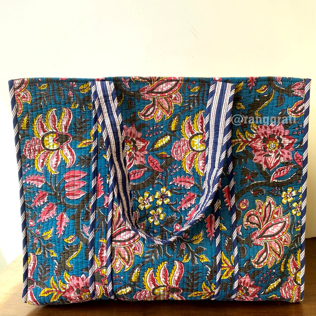 Floral Tote Bag Quilted Hand Block Printed Cotton Without Zip - Tote Bag