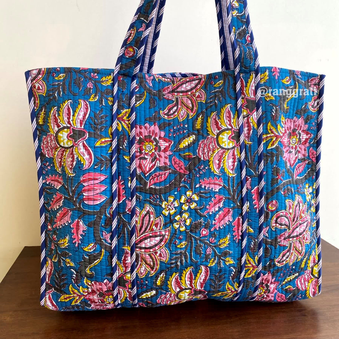 Floral Tote Bag Quilted Hand Block Printed Cotton Without Zip - Tote Bag