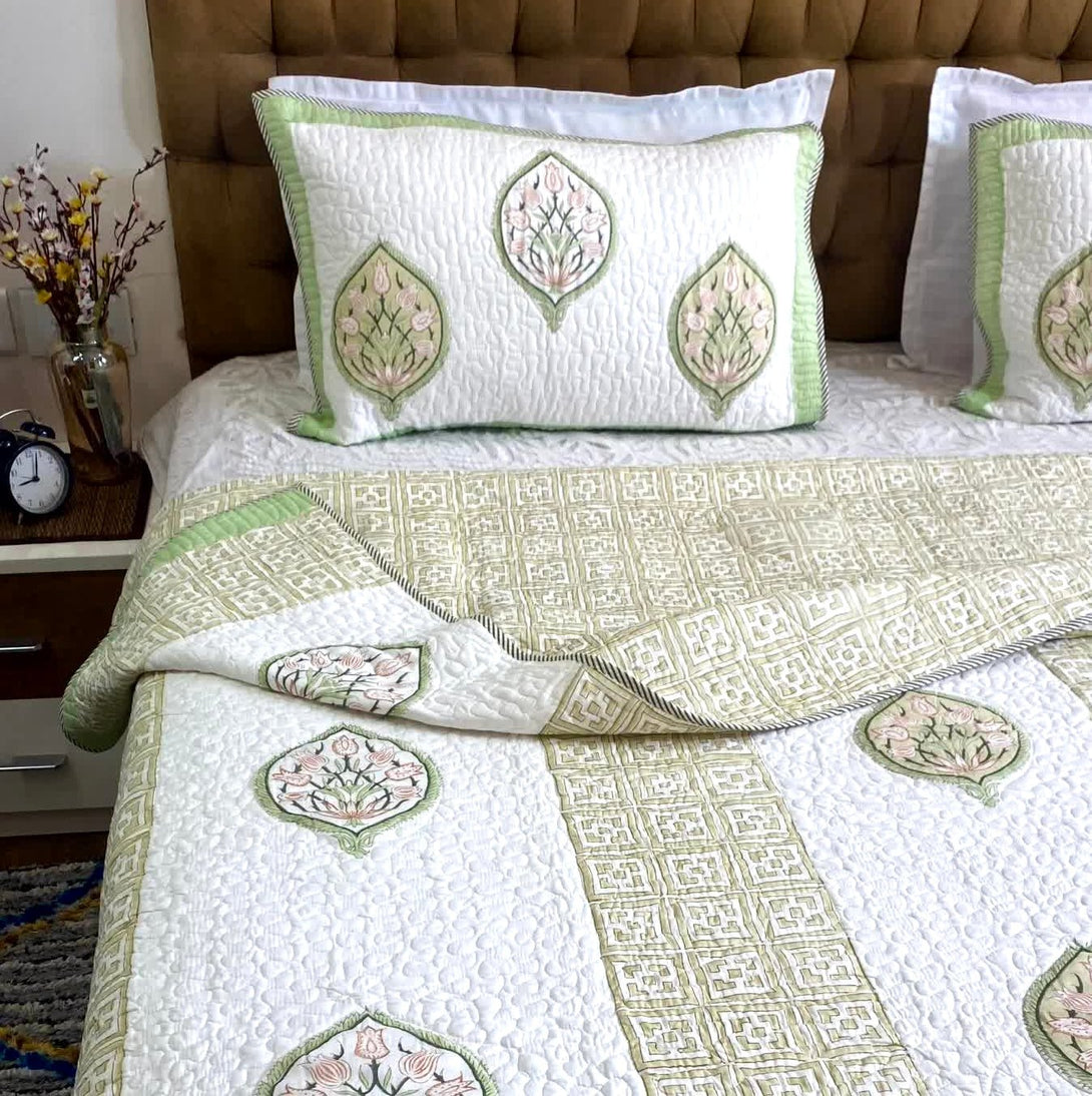 Forest Green Floral Quilted Bed cover Mulmul Voile Reversible King Size - Bedcover