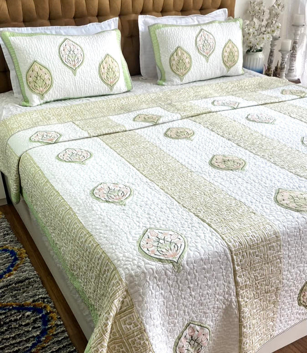 Forest Green Floral Quilted Bed cover Mulmul Voile Reversible King Size - Bedcover