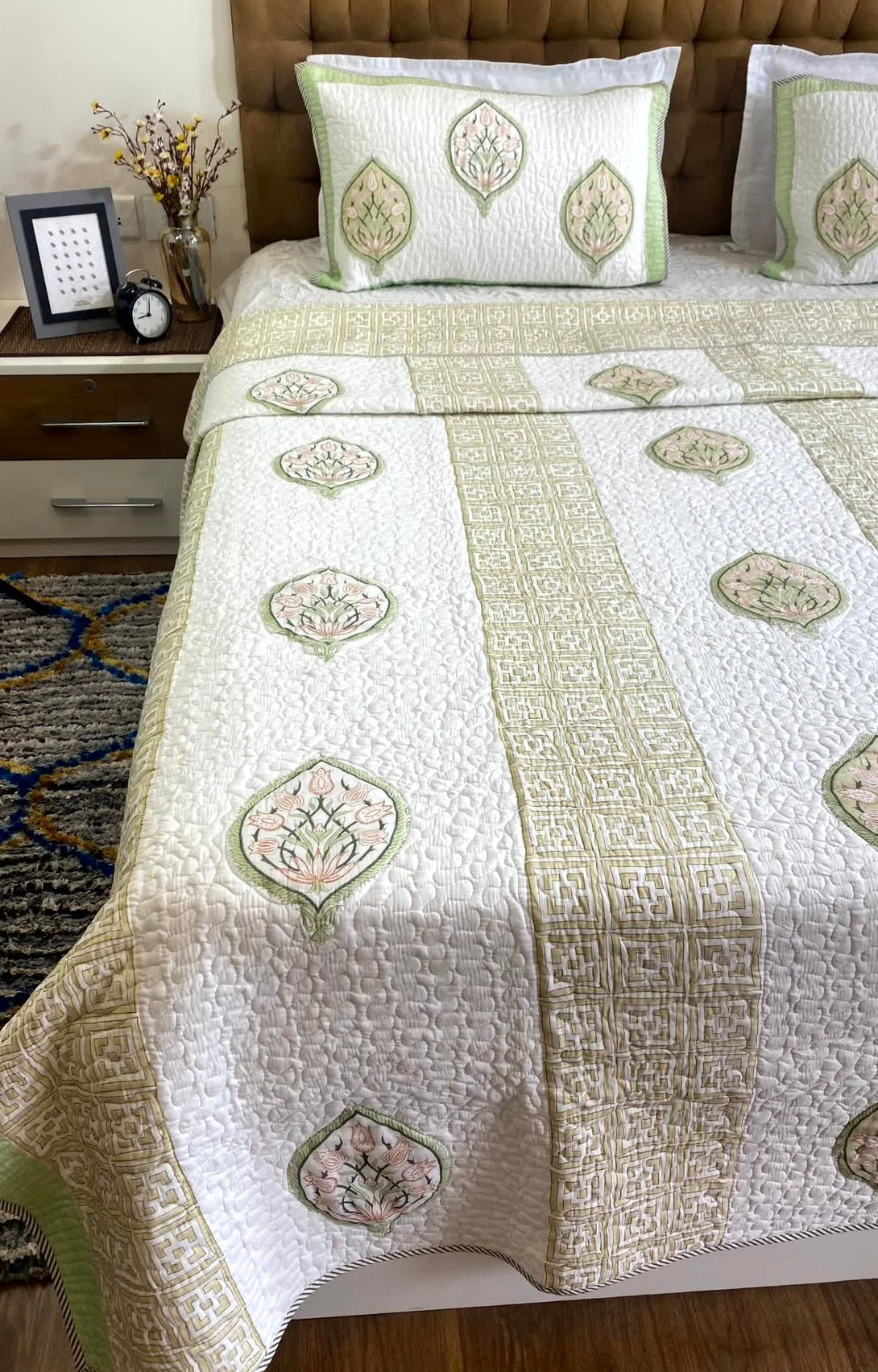 Forest Green Floral Quilted Bed cover Mulmul Voile Reversible King Size - Bedcover