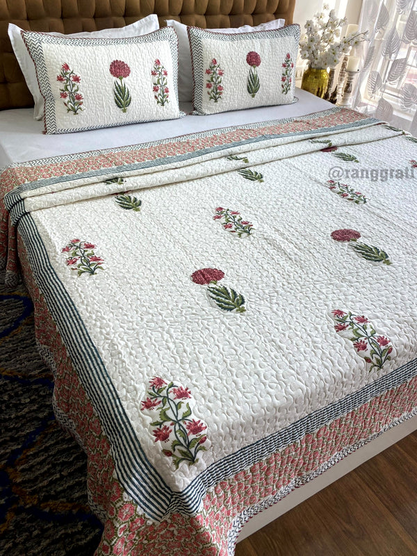 Super King Fuchsia Pink Floral Quilted Bedcover 