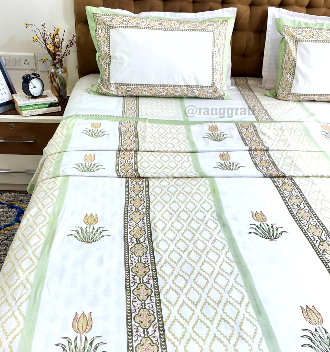 Gin Green Floral Bedsheet With Dohar Bedding Set Super King - Bedding Set