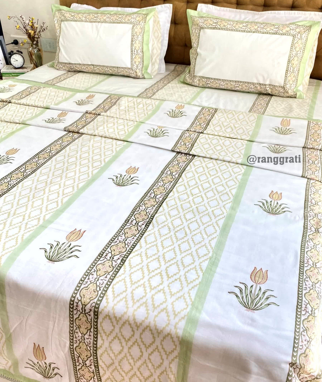 Gin Green Floral Bedsheet With Dohar Bedding Set Super King - Bedding Set