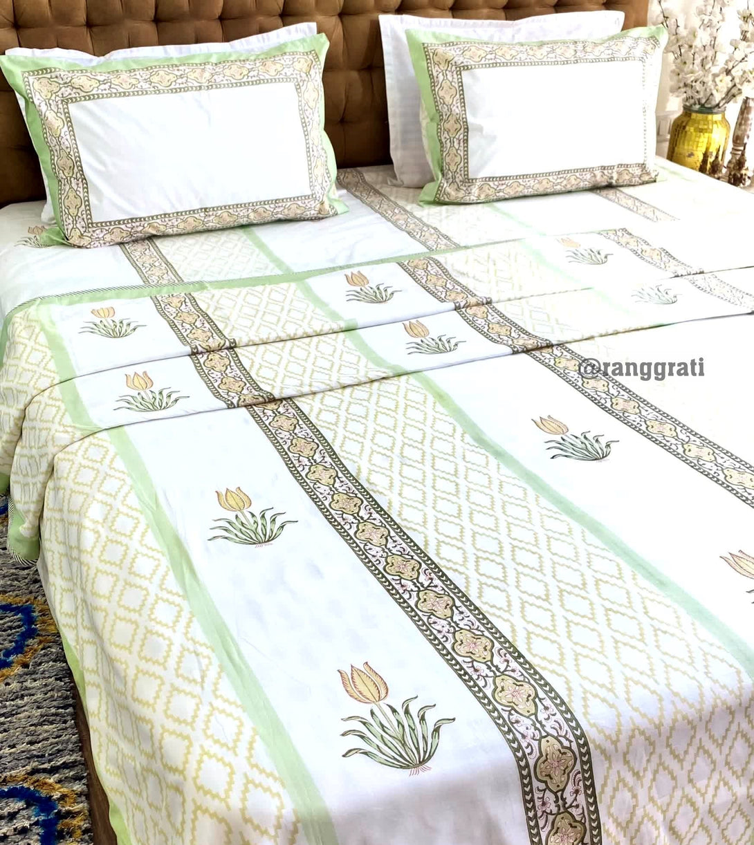 Gin Green Floral Bedsheet With Dohar Bedding Set Super King - Bedding Set