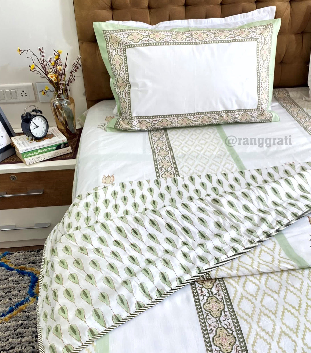 Gin Green Floral Bedsheet With Dohar Bedding Set Super King - Bedding Set