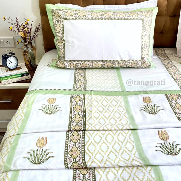 Gin Green Floral Bedsheet With Dohar Bedding Set Super King - Bedding Set