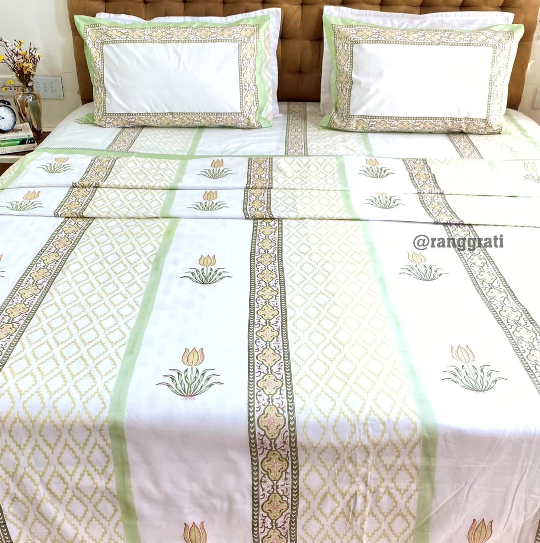 Gin Green Floral Bedsheet With Dohar Bedding Set Super King - Bedding Set