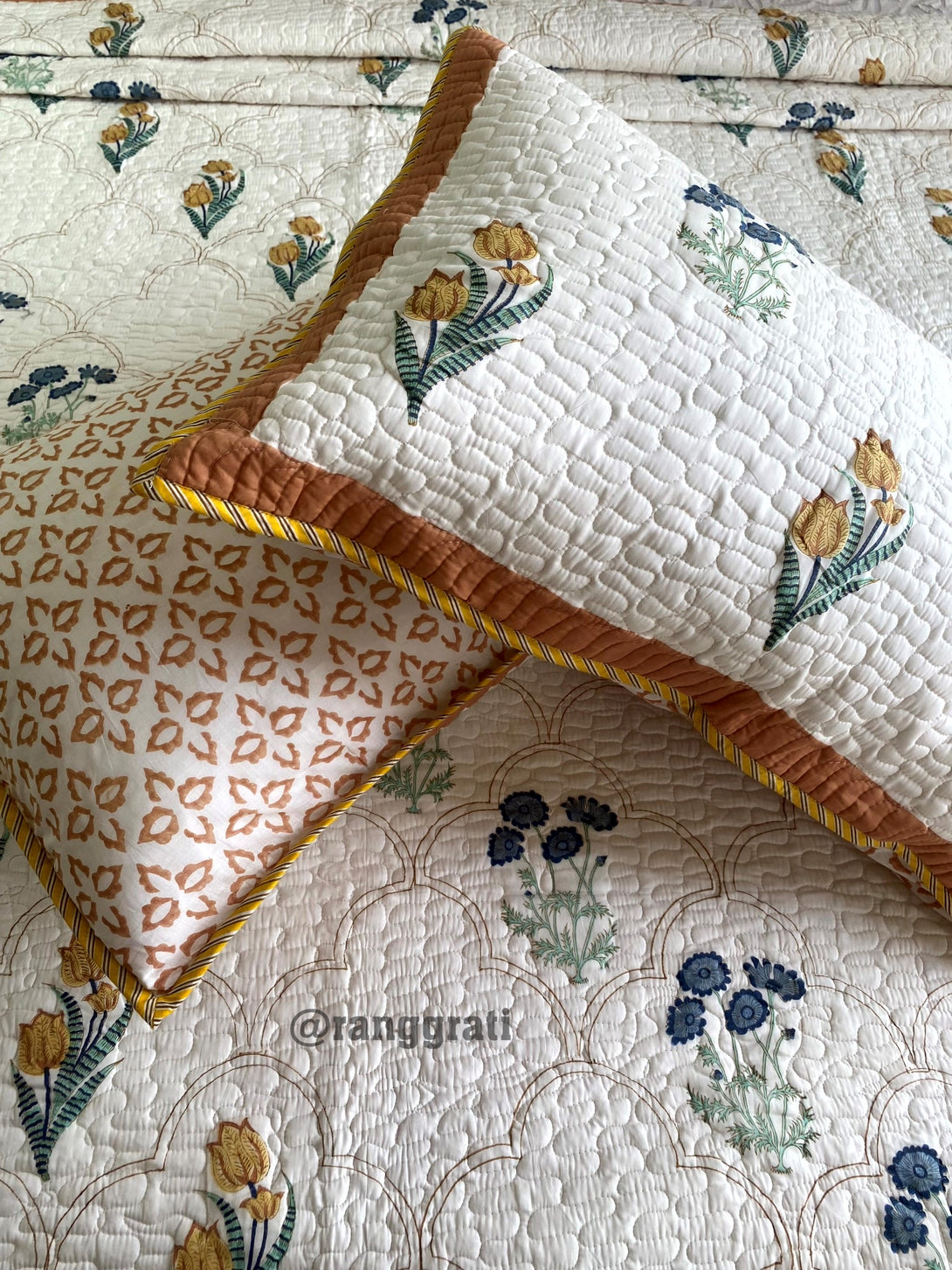 Glowing Rust and Blue Floral Quilted Bedcover 90 X 108 With Pillow Covers