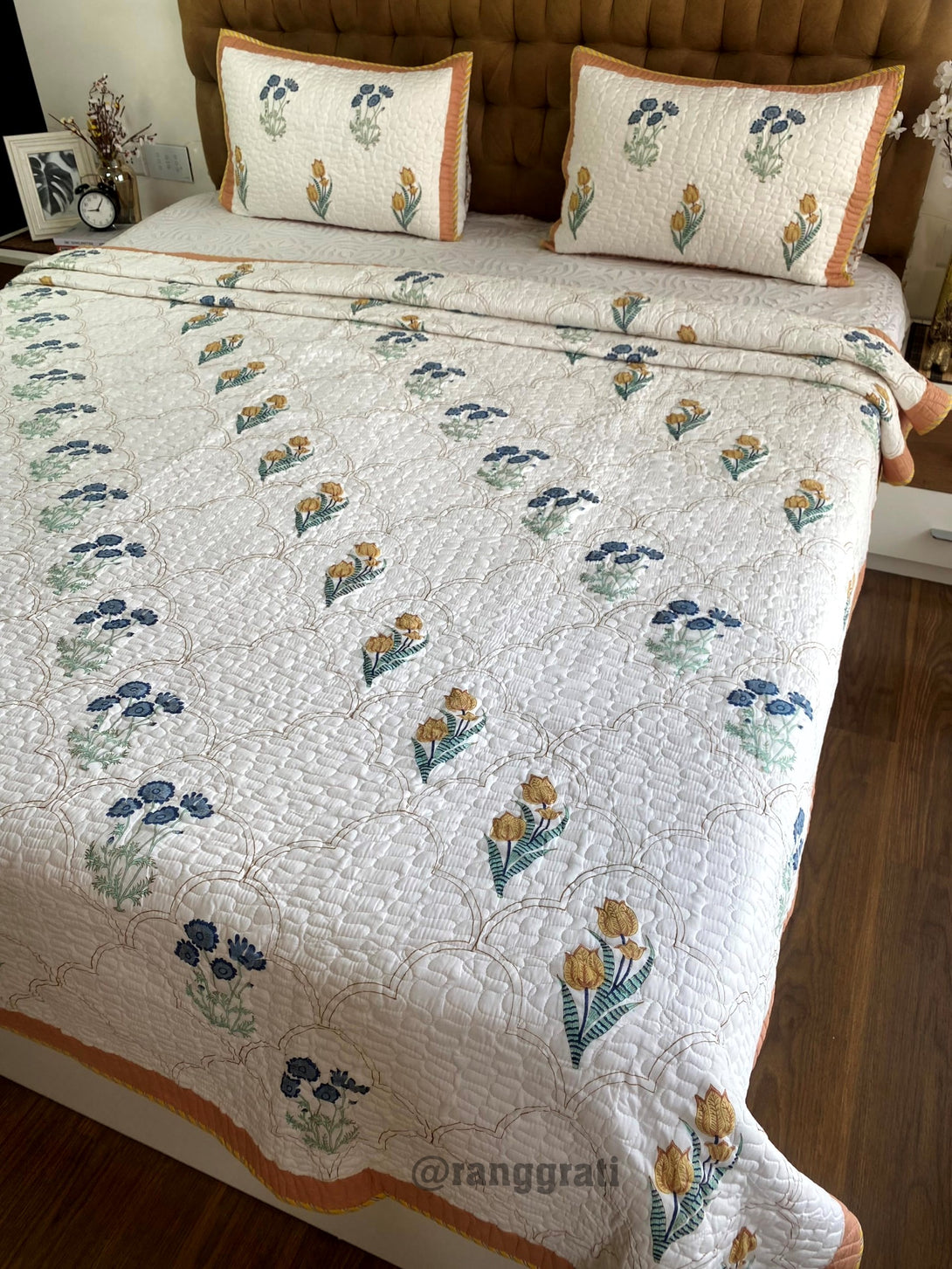 King Size Glowing Rust and Blue Floral Mulmul Voile Quilted Bedcover 
