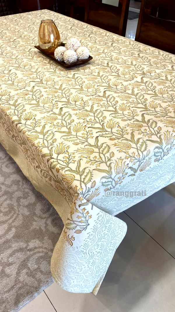 Golden Floral Table Cover Cloth 6 Seater Dining Table Rectangular - Table Cover