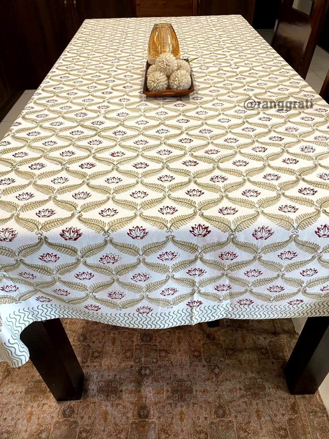 Golden Red Floral Table Cover Cloth 6 Seater Dining Table Rectangular - Table Cover