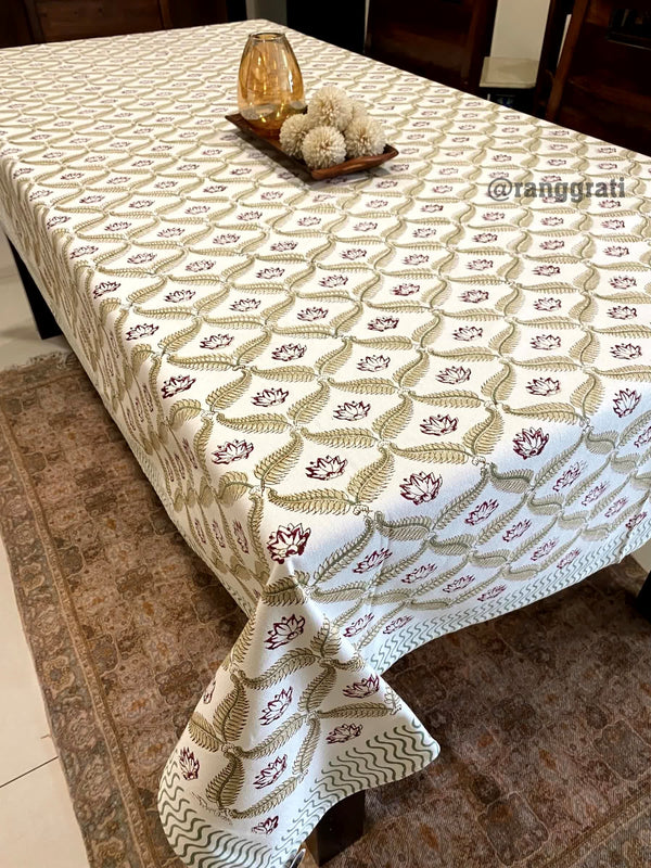 Golden Red Floral Table Cover Cloth 6 Seater Dining Table Rectangular - Table Cover