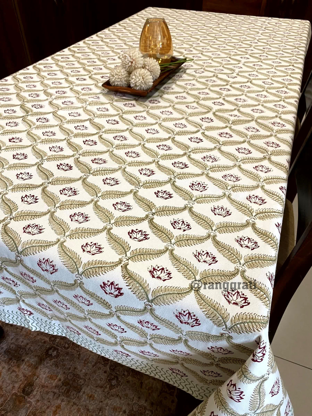Golden Red Floral Table Cover Cloth 6 Seater Dining Table Rectangular - Table Cover
