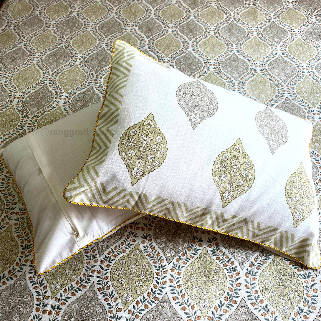King Size Green And Grey Ogee patterned Slub Cotton Bedcover 