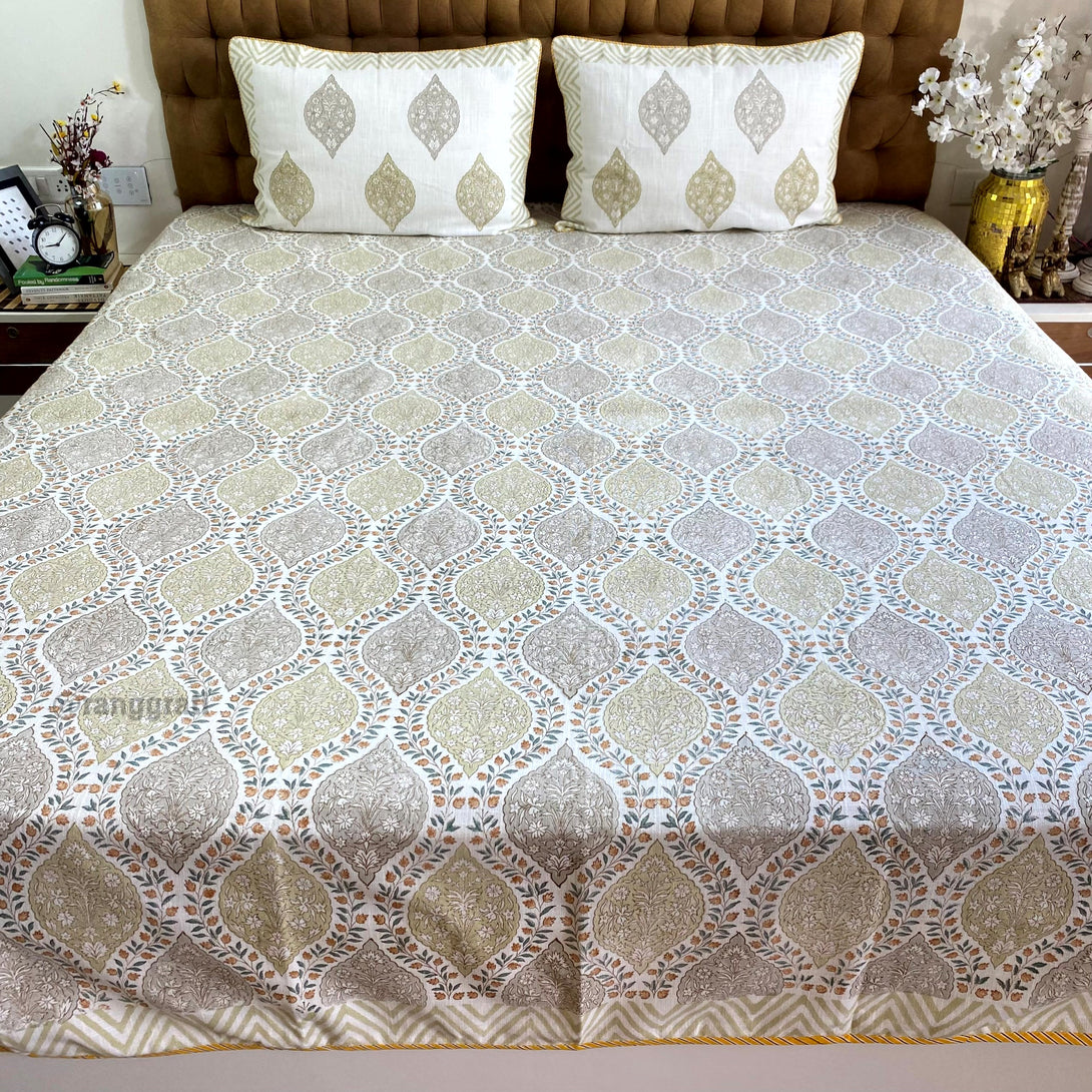 Green And Grey Ogee Patterned Slub Cotton King Size Bedcover