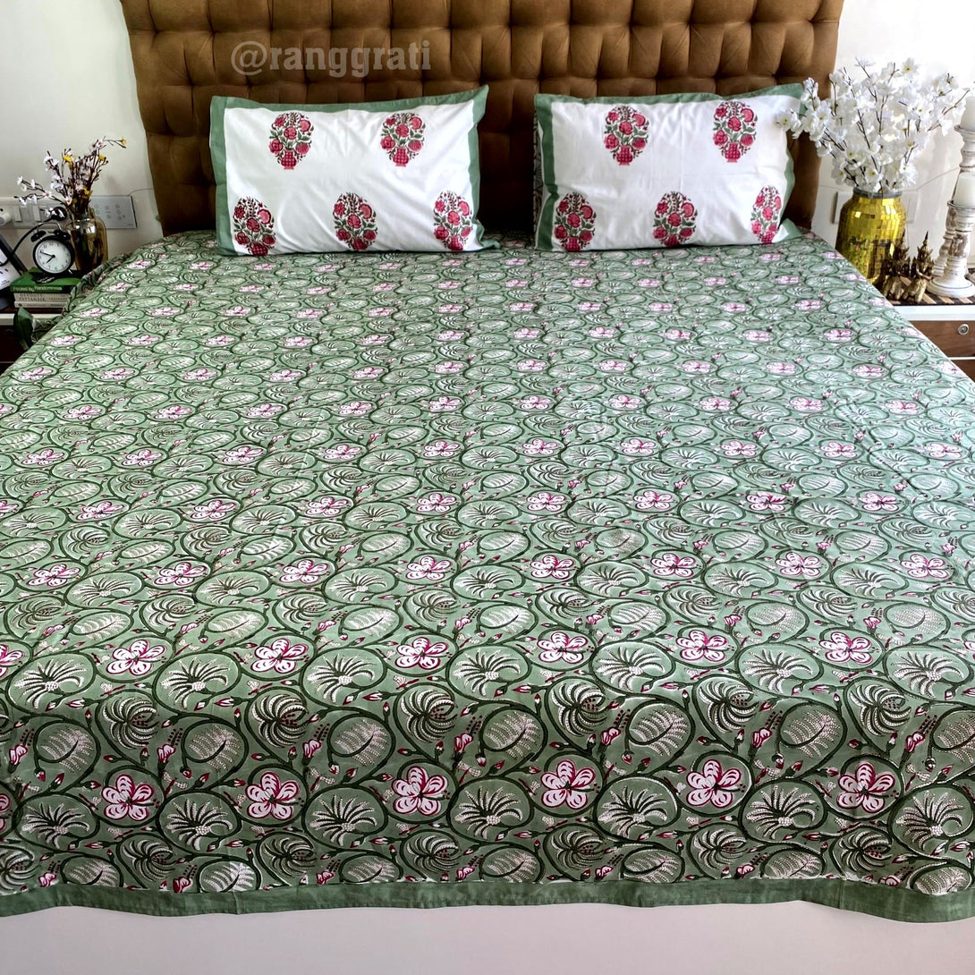 Green Azalea Floral Super King Size 250 TC Bedsheet Cotton Hand Block - Bedsheet