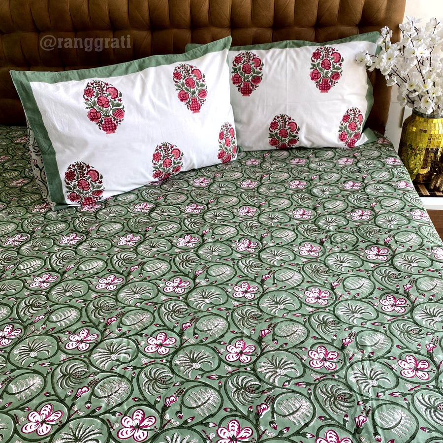 Green Azalea Floral Super King Size 250 TC Bedsheet Cotton Hand Block