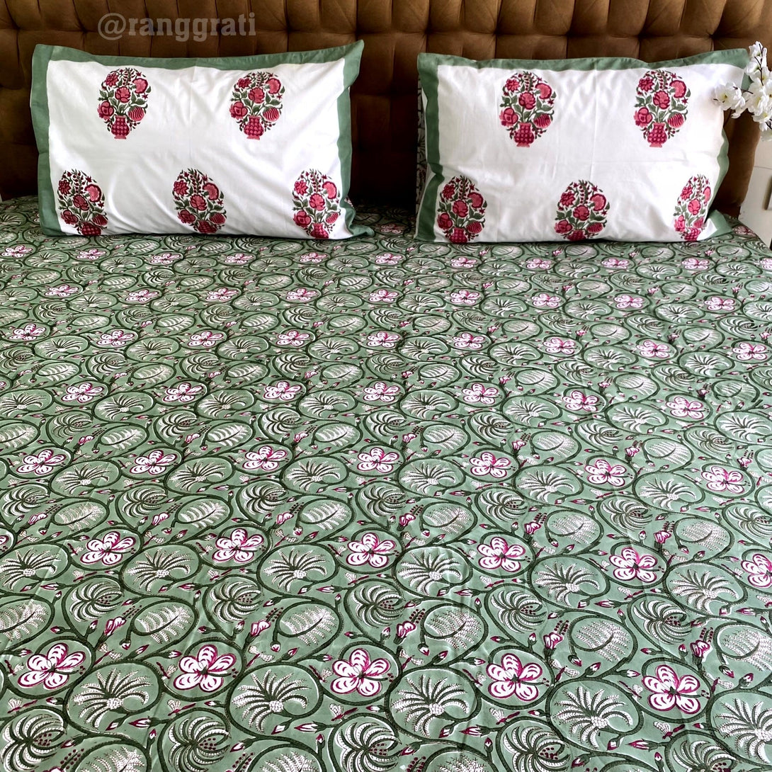 Green Azalea Floral Super King Size 250 TC Bedsheet Cotton Hand Block - Bedsheet