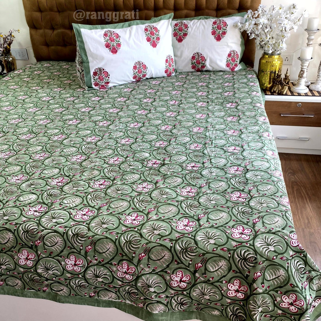 Green Azalea Floral Super King Size 250 TC Bedsheet Cotton Hand Block - Bedsheet
