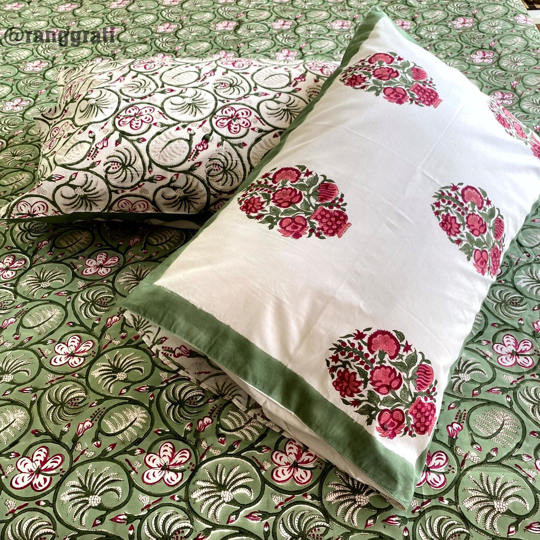 Green Azalea Floral Super King Size 250 TC Bedsheet Cotton Hand Block - Bedsheet