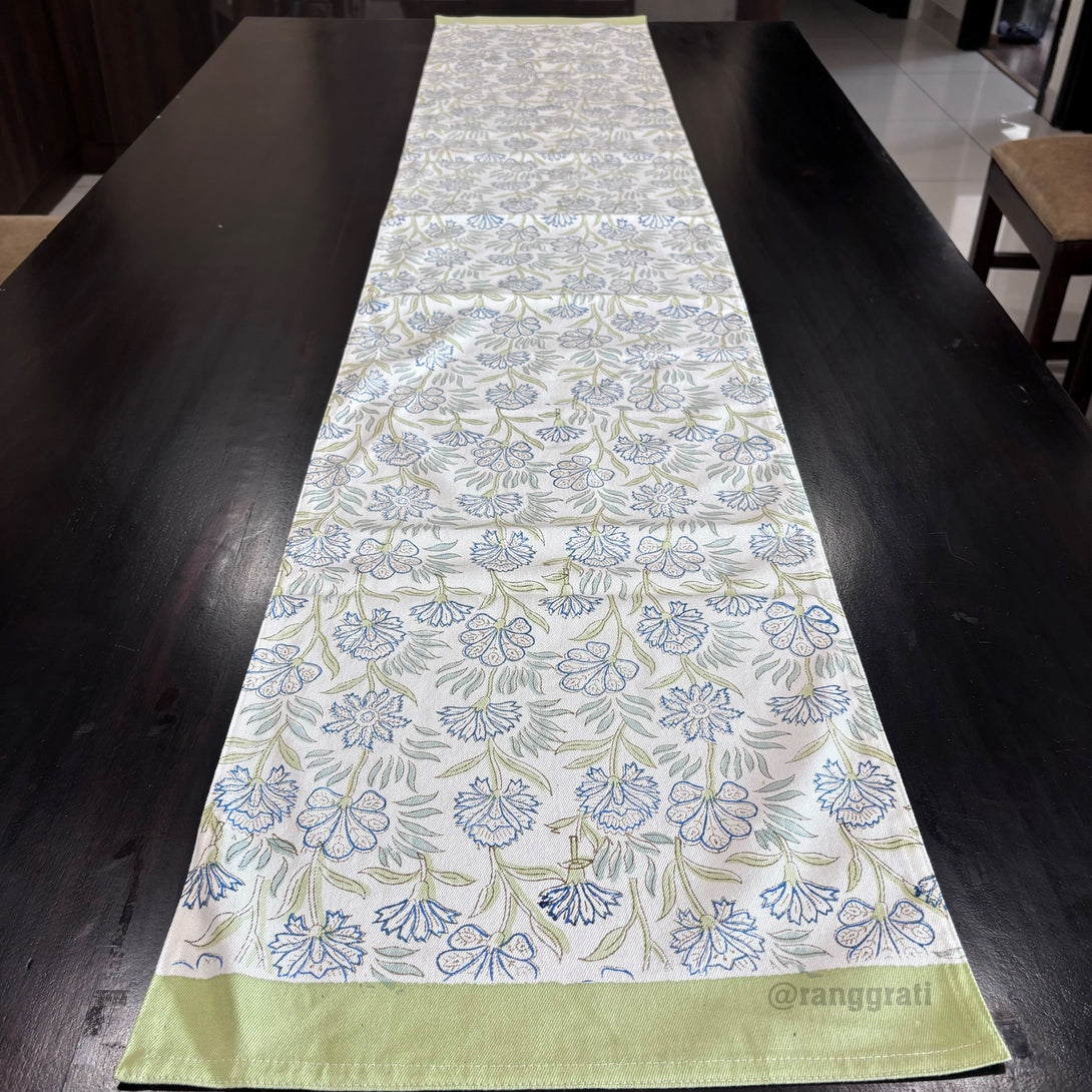 Green Border Blue Floral Block Print Cotton Table Runner 6 Seater Dining Table - Table Runner