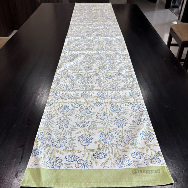 Green Border Blue Floral Block Print Cotton Table Runner 6 Seater Dining Table - Table Runner