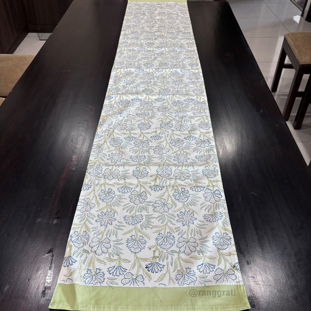 Green Border Blue Floral Block Print Cotton Table Runner 6 Seater Dining Table - Table Runner