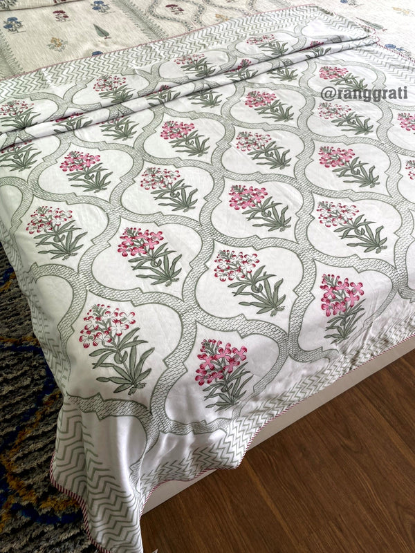 Green Border Pink Floral Dohar For Single Bed In Mulmul Cotton Reversible - Dohar