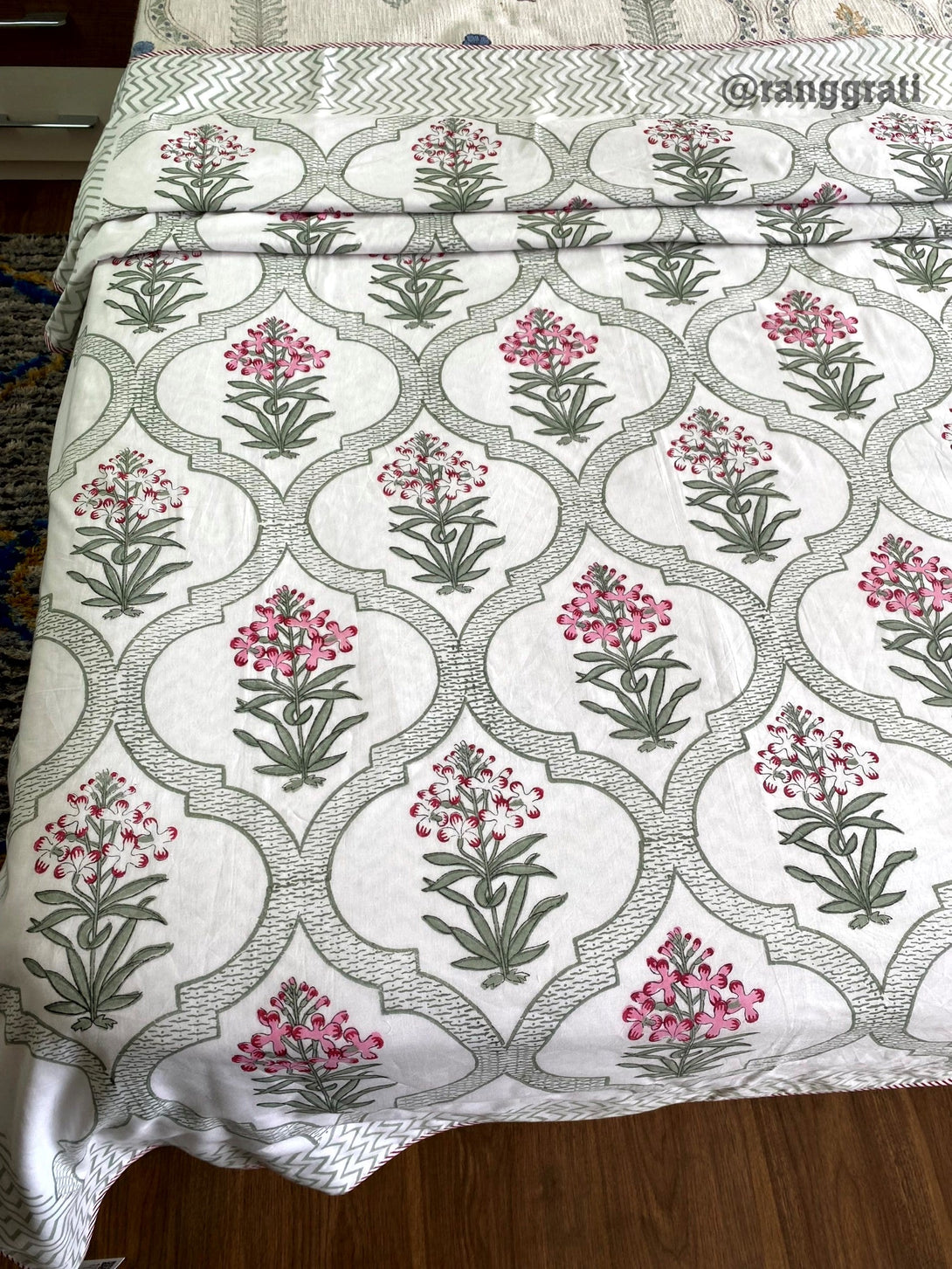 Green Border Pink Floral Dohar For Single Bed In Mulmul Cotton Reversible - Dohar