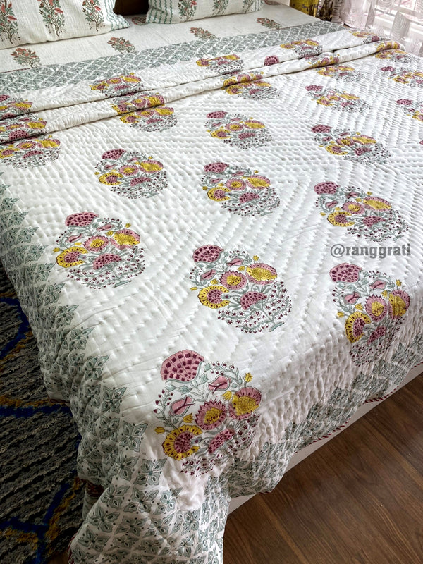 Green Border Pink-Yellow Floral Double King Razai / Quilt Cotton Hand Block Jaipuri