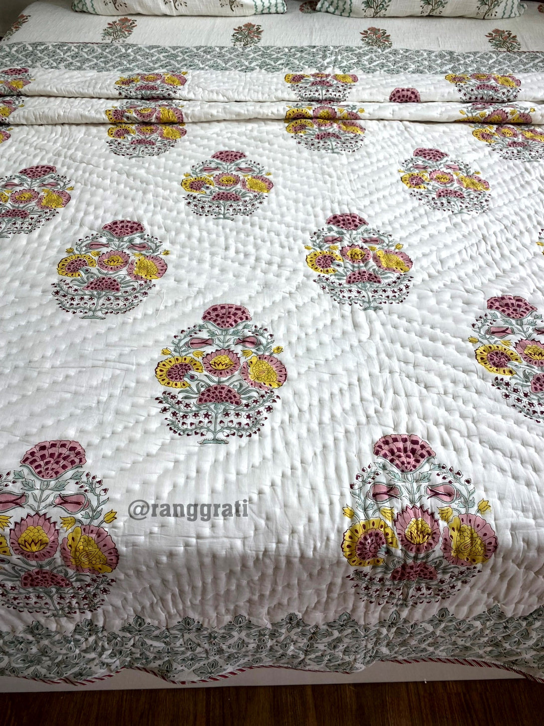 King Size Green Border Pink-Yellow Floral Double Razai / Quilt Cotton Hand Block Jaipuri