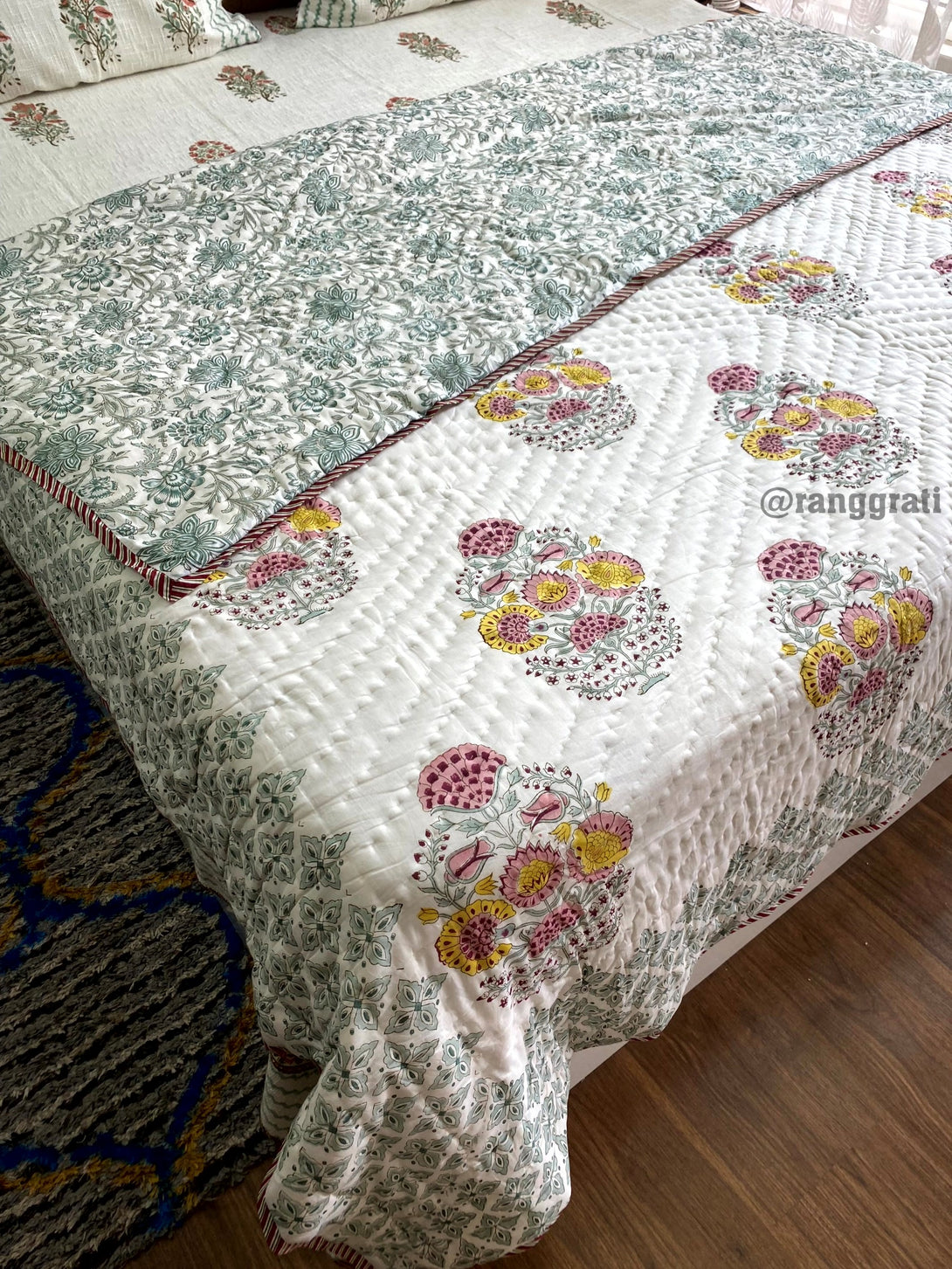 Green Border Pink-Yellow Floral Double Razai / Quilt Cotton Hand Block Jaipuri King Size