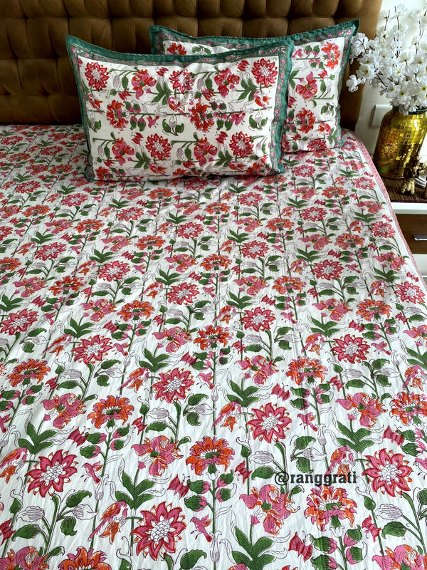 Green Border Pink Floral King Size 250 TC Bedsheet Pure Cotton Hand Block