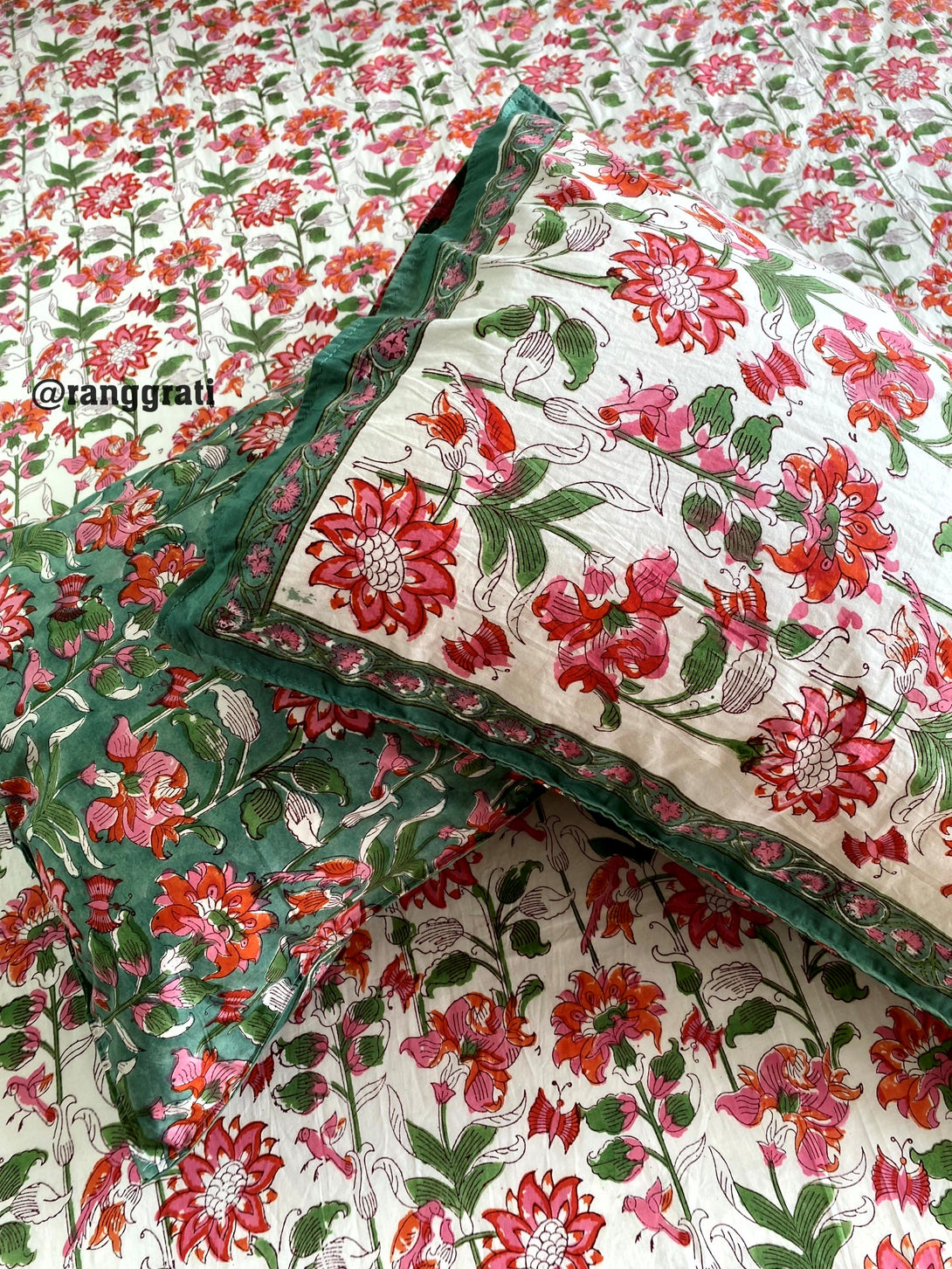 250 TC Green Border Pink Floral King Size Bedsheet Pure Cotton Hand Block