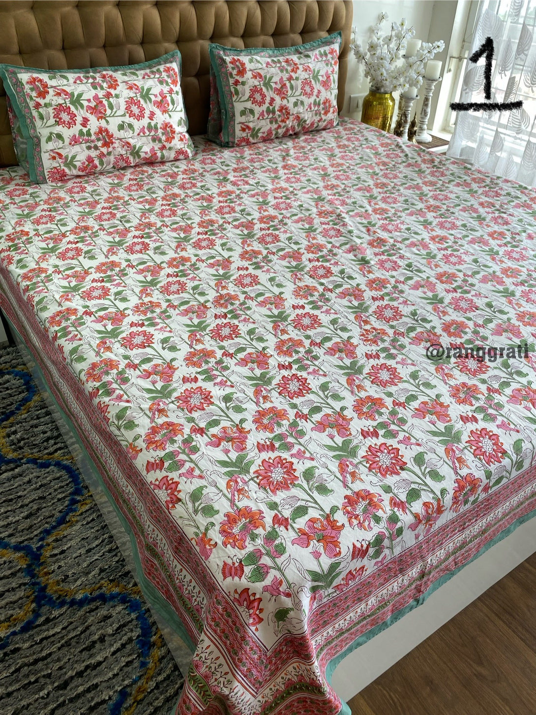 King Size Green Border Pink Floral 250 TC Bedsheet Pure Cotton Hand Block