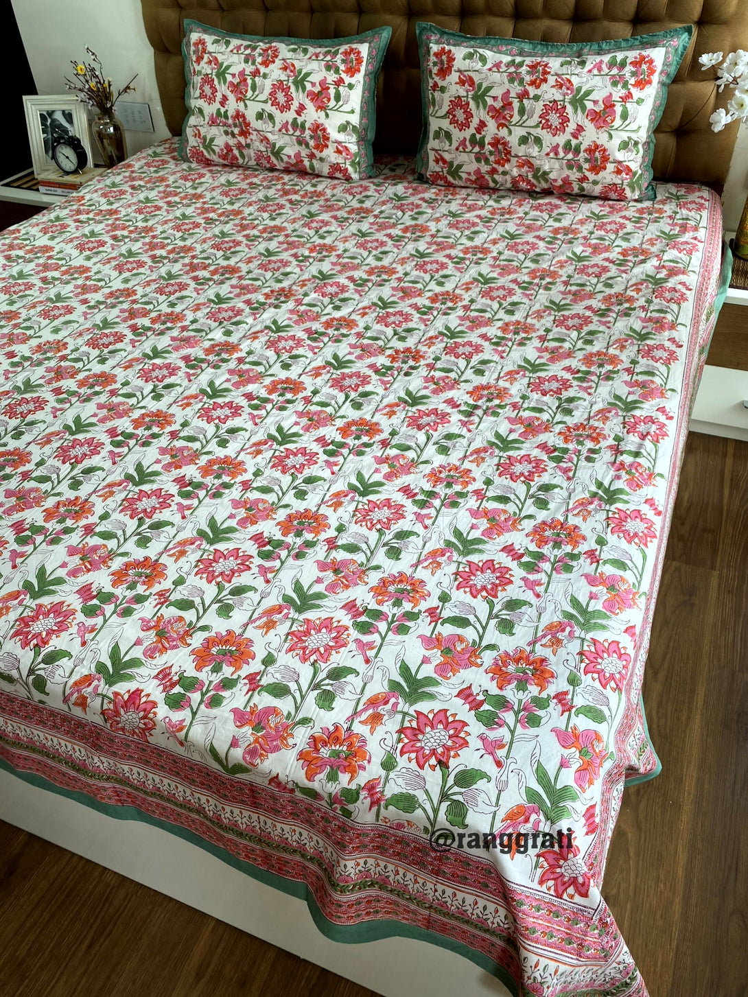 Pure Cotton Green Border Pink Floral King Size 250 TC Bedsheet Hand Block
