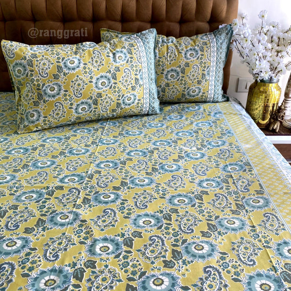 Green Calendula Floral Jaipuri Cotton Bedsheet Super King Size - Bedsheet