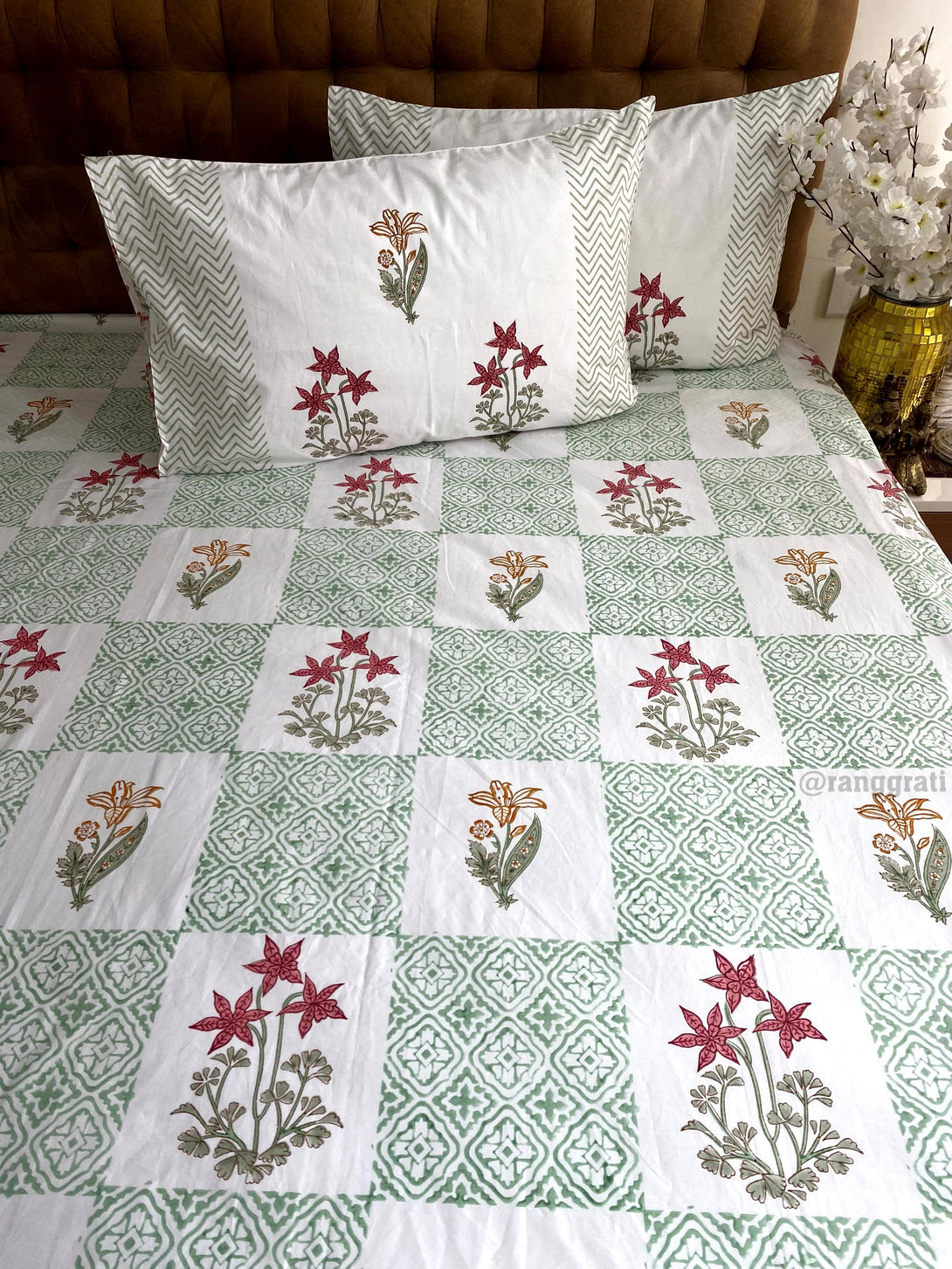 Green Checkered Red Floral Hand Block Cotton King Size Bedsheet