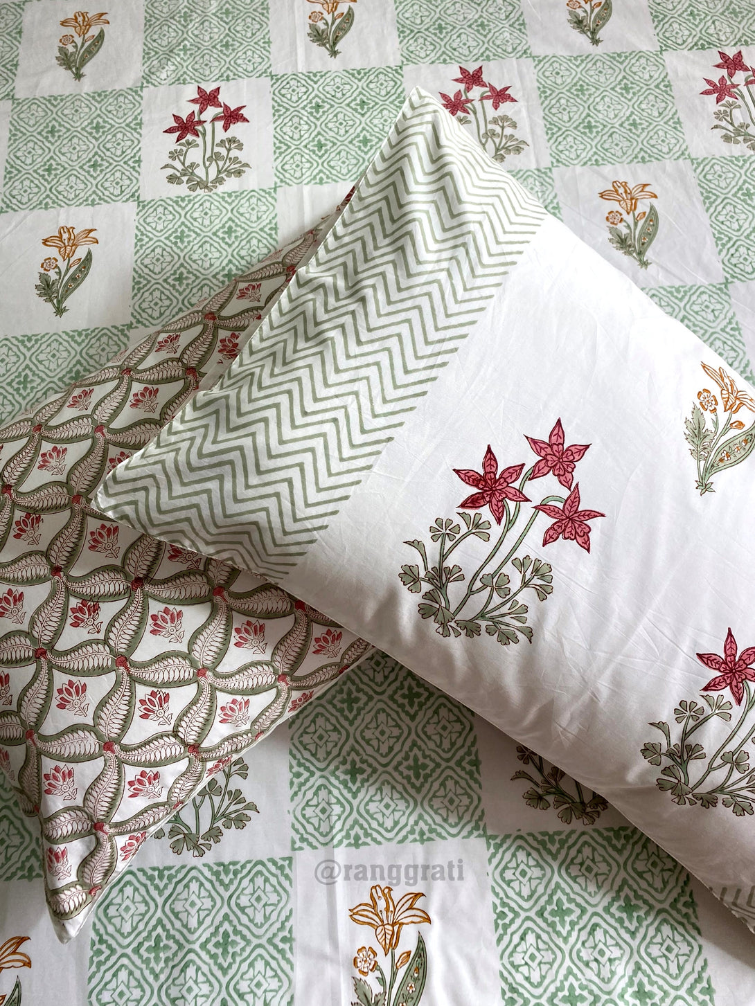 Green Checkered Red Floral Hand Block Cotton King Size Bedsheet With Pillow Covers